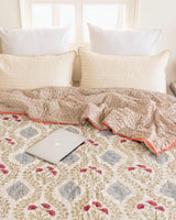Ivory Handmade Indian Cotton Quilt, Block Printed All Season Soft Quilt, Cotton Comforter, Boho Reversible Bedspread, Queen Quilted Coverlet