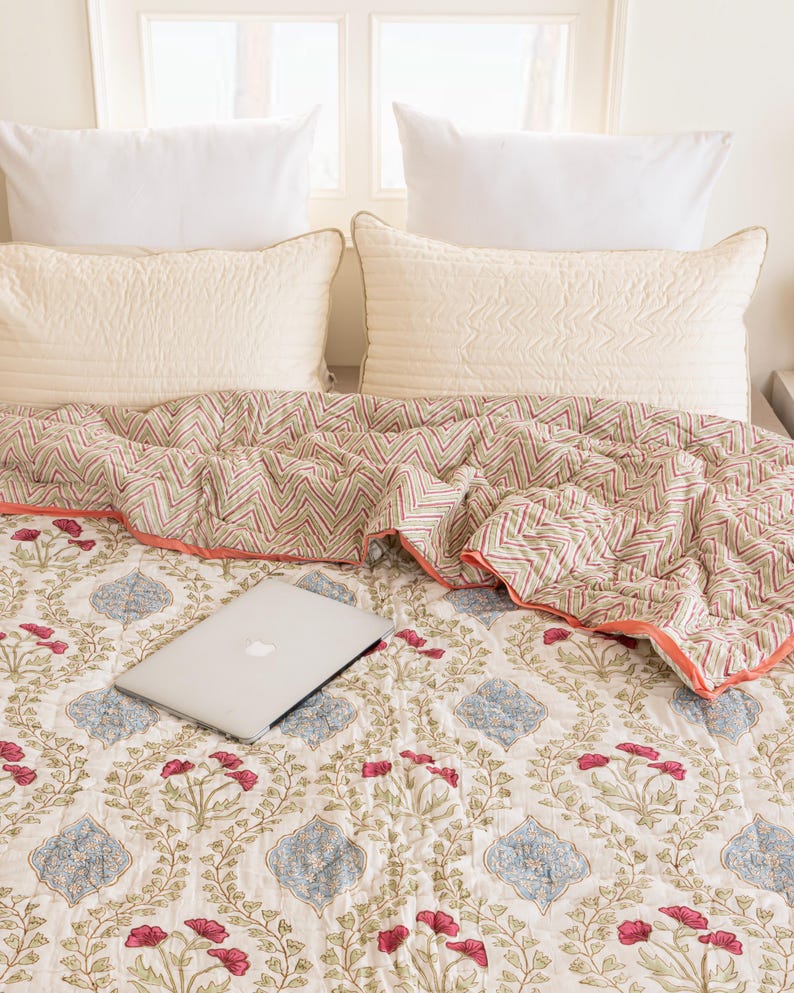 Ivory Handmade Indian Cotton Quilt, Block Printed All Season Soft Quilt, Cotton Comforter, Boho Reversible Bedspread, Queen Quilted Coverlet