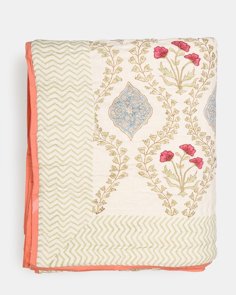 Ivory Handmade Indian Cotton Quilt, Block Printed All Season Soft Quilt, Cotton Comforter, Boho Reversible Bedspread, Queen Quilted Coverlet