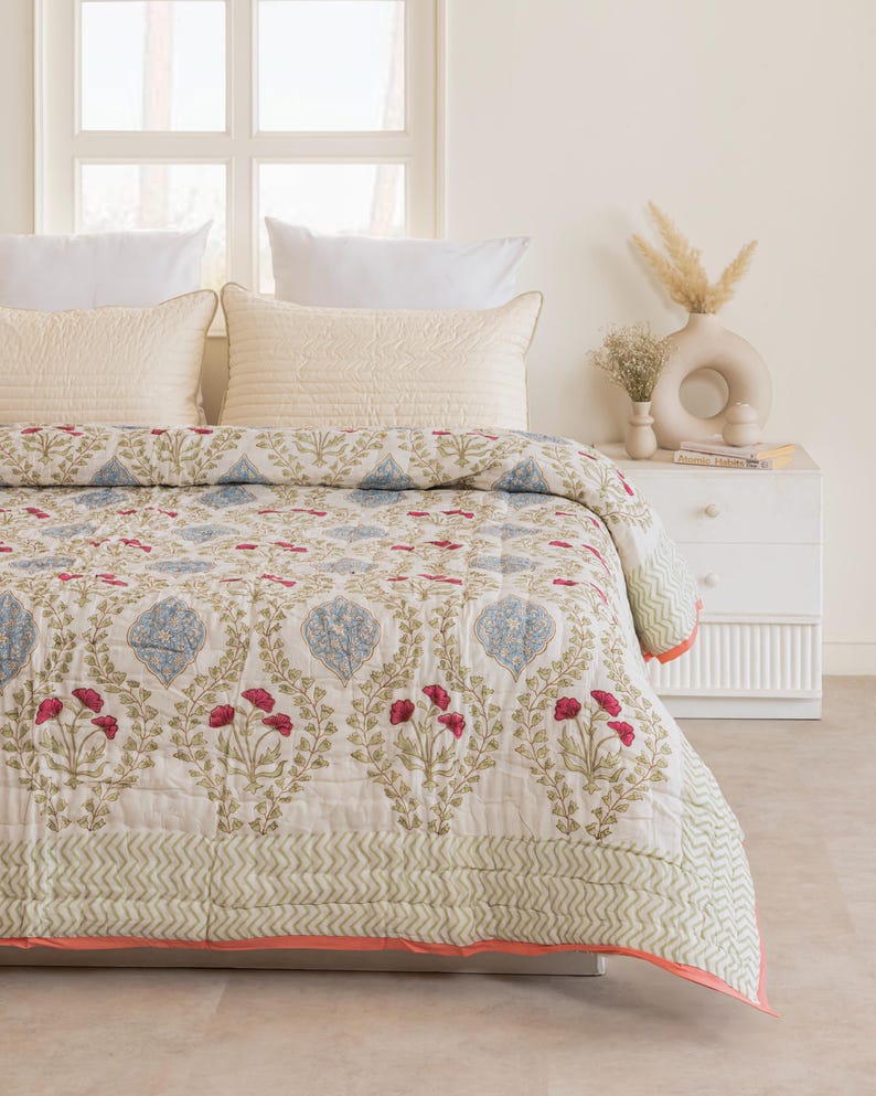 Ivory Handmade Indian Cotton Quilt, Block Printed All Season Soft Quilt, Cotton Comforter, Boho Reversible Bedspread, Queen Quilted Coverlet