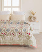 Ivory Handmade Indian Cotton Quilt, Block Printed All Season Soft Quilt, Cotton Comforter, Boho Reversible Bedspread, Queen Quilted Coverlet