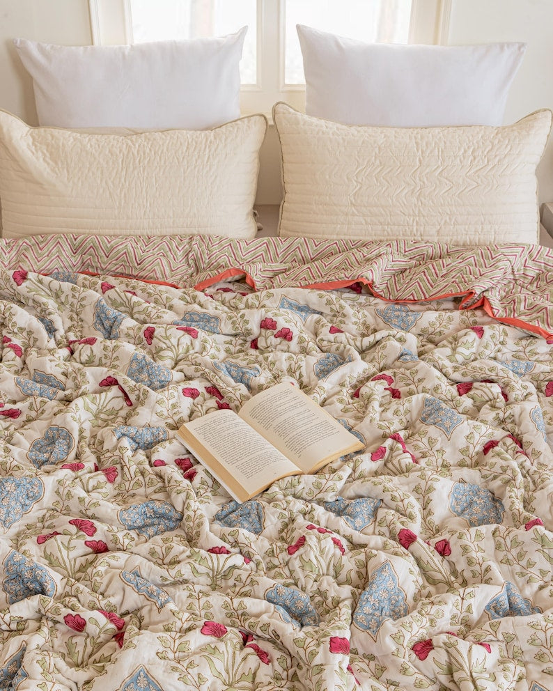 Ivory Handmade Indian Cotton Quilt, Block Printed All Season Soft Quilt, Cotton Comforter, Boho Reversible Bedspread, Queen Quilted Coverlet