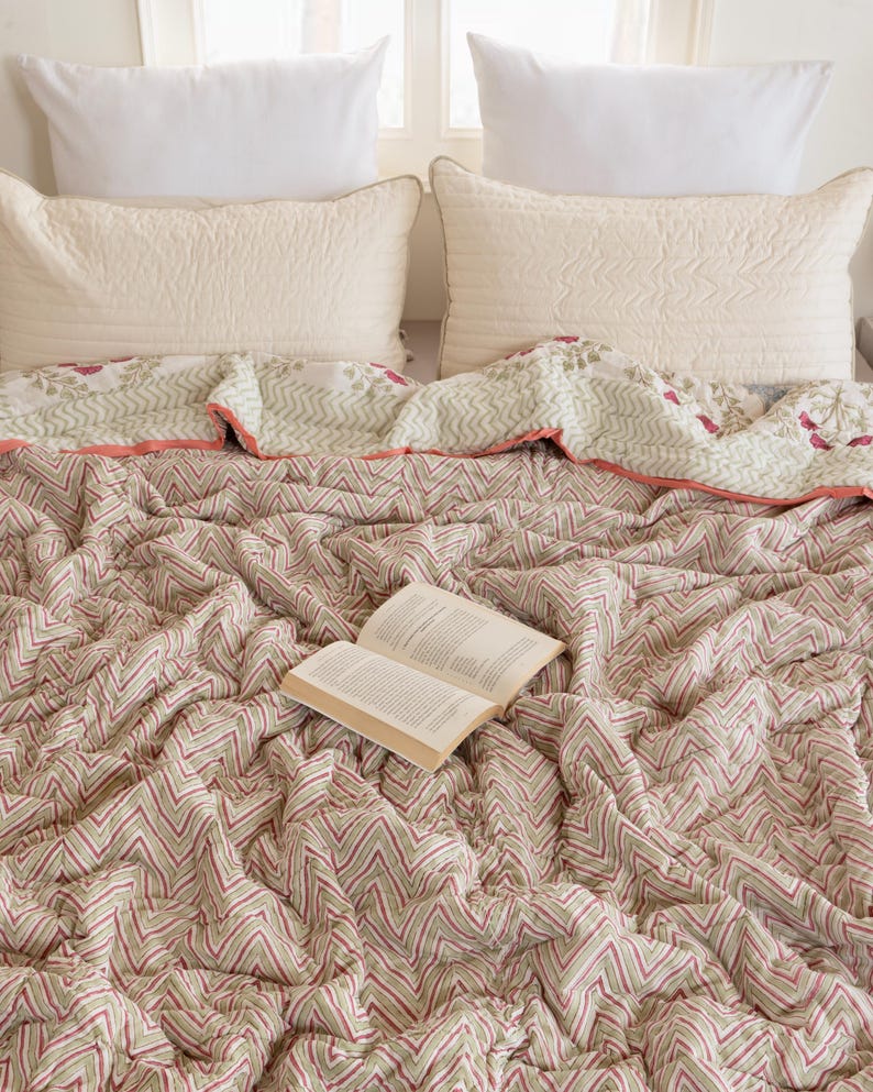 Ivory Handmade Indian Cotton Quilt, Block Printed All Season Soft Quilt, Cotton Comforter, Boho Reversible Bedspread, Queen Quilted Coverlet