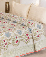 Ivory Handmade Indian Cotton Quilt, Block Printed All Season Soft Quilt, Cotton Comforter, Boho Reversible Bedspread, Queen Quilted Coverlet
