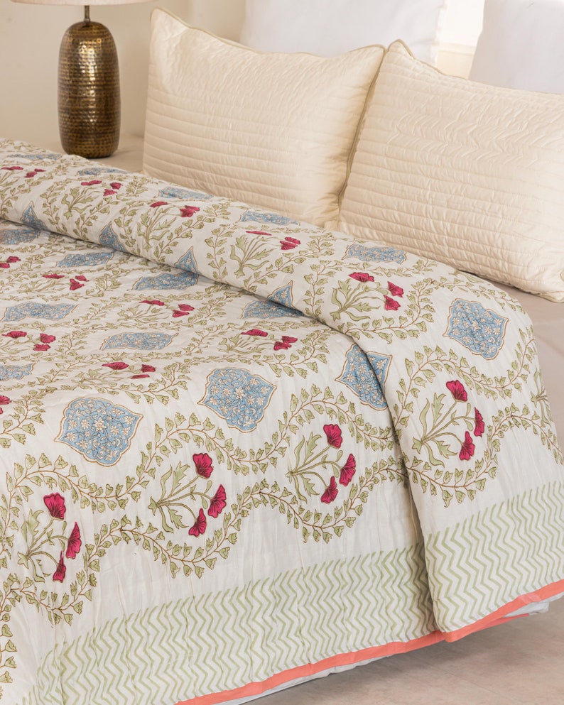 Ivory Handmade Indian Cotton Quilt, Block Printed All Season Soft Quilt, Cotton Comforter, Boho Reversible Bedspread, Queen Quilted Coverlet