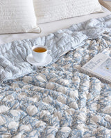 Dusty Blue Cotton Quilt, Indian Hand Block Printed Quilt Bedspread, Floral Printed Queen Comforter, Soft Summer Blanket, All Season Quilt