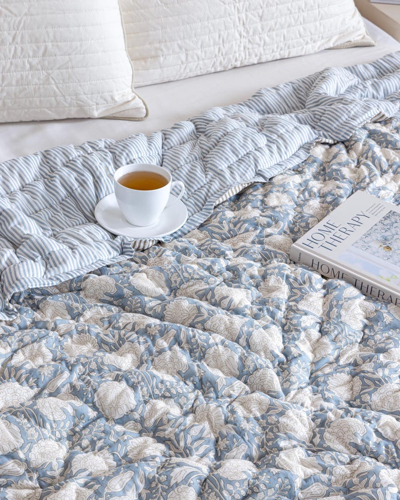 Dusty Blue Cotton Quilt, Indian Hand Block Printed Quilt Bedspread, Floral Printed Queen Comforter, Soft Summer Blanket, All Season Quilt