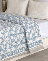 Dusty Blue Cotton Quilt, Indian Hand Block Printed Quilt Bedspread, Floral Printed Queen Comforter, Soft Summer Blanket, All Season Quilt