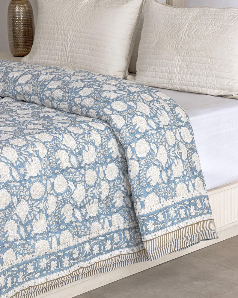 Dusty Blue Cotton Quilt, Indian Hand Block Printed Quilt Bedspread, Floral Printed Queen Comforter, Soft Summer Blanket, All Season Quilt