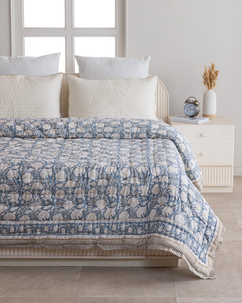 Dusty Blue Cotton Quilt, Indian Hand Block Printed Quilt Bedspread, Floral Printed Queen Comforter, Soft Summer Blanket, All Season Quilt