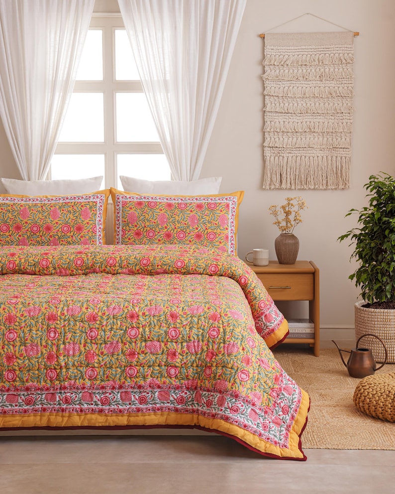 Hand Block Print Cotton Quilt, Mustard Yellow Pink Floral Bedspread, Reversible Indian Kantha Blanket, King Comforter, Soft Cotton Bedding
