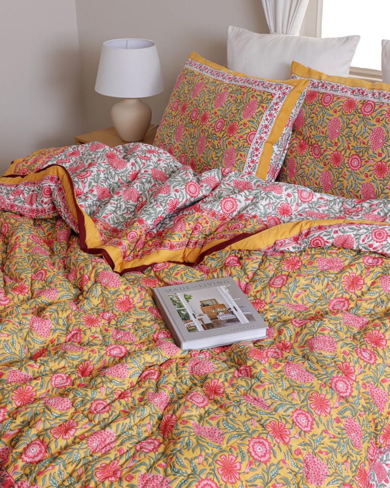 Hand Block Print Cotton Quilt, Mustard Yellow Pink Floral Bedspread, Reversible Indian Kantha Blanket, King Comforter, Soft Cotton Bedding