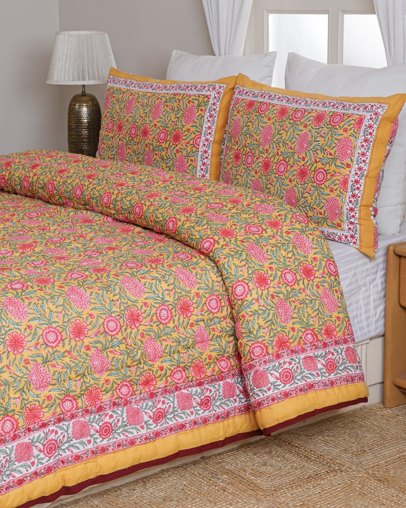 Hand Block Print Cotton Quilt, Mustard Yellow Pink Floral Bedspread, Reversible Indian Kantha Blanket, King Comforter, Soft Cotton Bedding