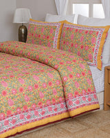 Hand Block Print Cotton Quilt, Mustard Yellow Pink Floral Bedspread, Reversible Indian Kantha Blanket, King Comforter, Soft Cotton Bedding