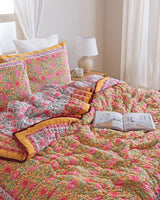 Hand Block Print Cotton Quilt, Mustard Yellow Pink Floral Bedspread, Reversible Indian Kantha Blanket, King Comforter, Soft Cotton Bedding