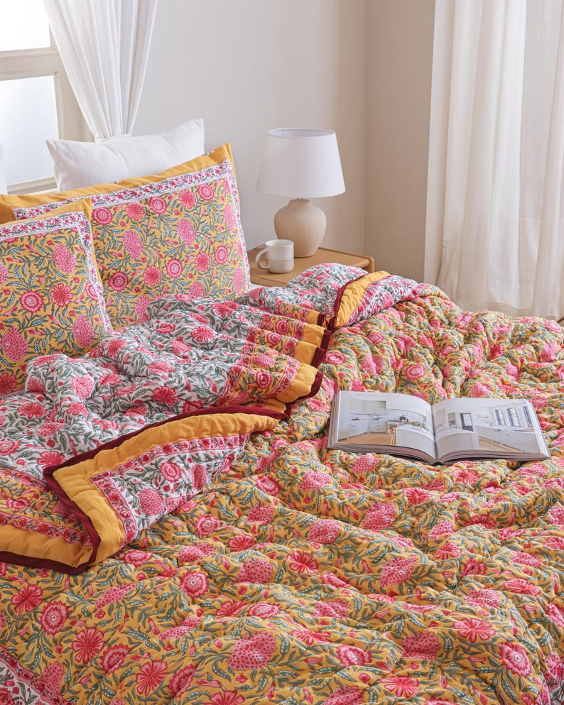 Hand Block Print Cotton Quilt, Mustard Yellow Pink Floral Bedspread, Reversible Indian Kantha Blanket, King Comforter, Soft Cotton Bedding