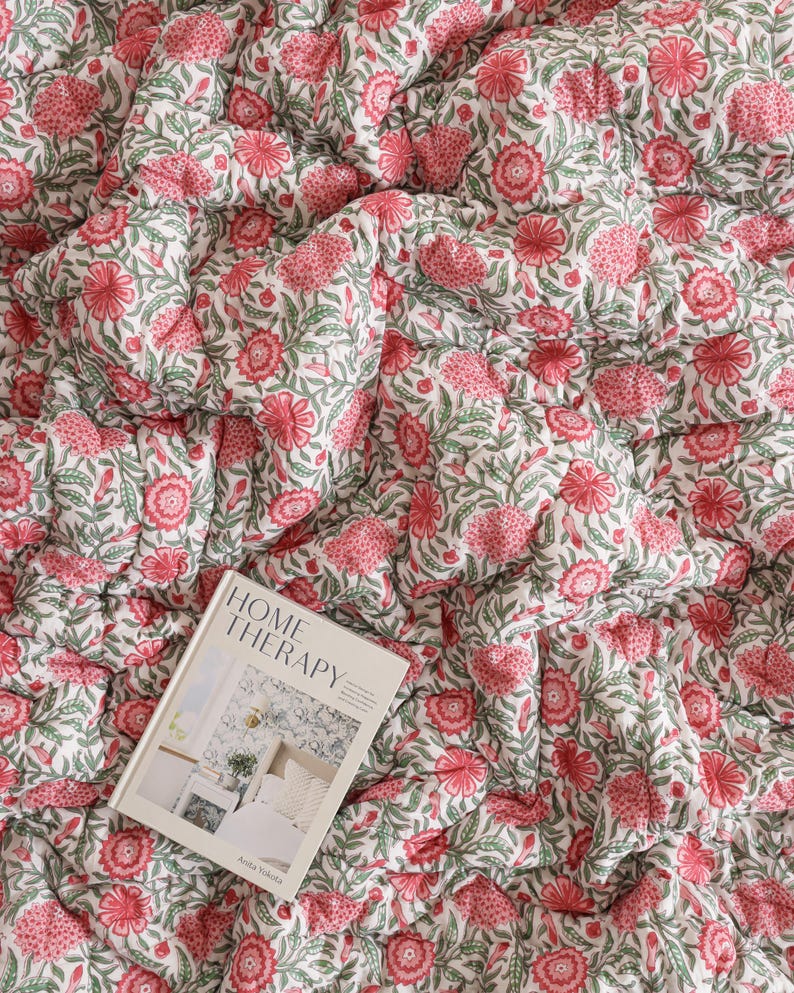 Hand Block Print Cotton Quilt, Mustard Yellow Pink Floral Bedspread, Reversible Indian Kantha Blanket, King Comforter, Soft Cotton Bedding