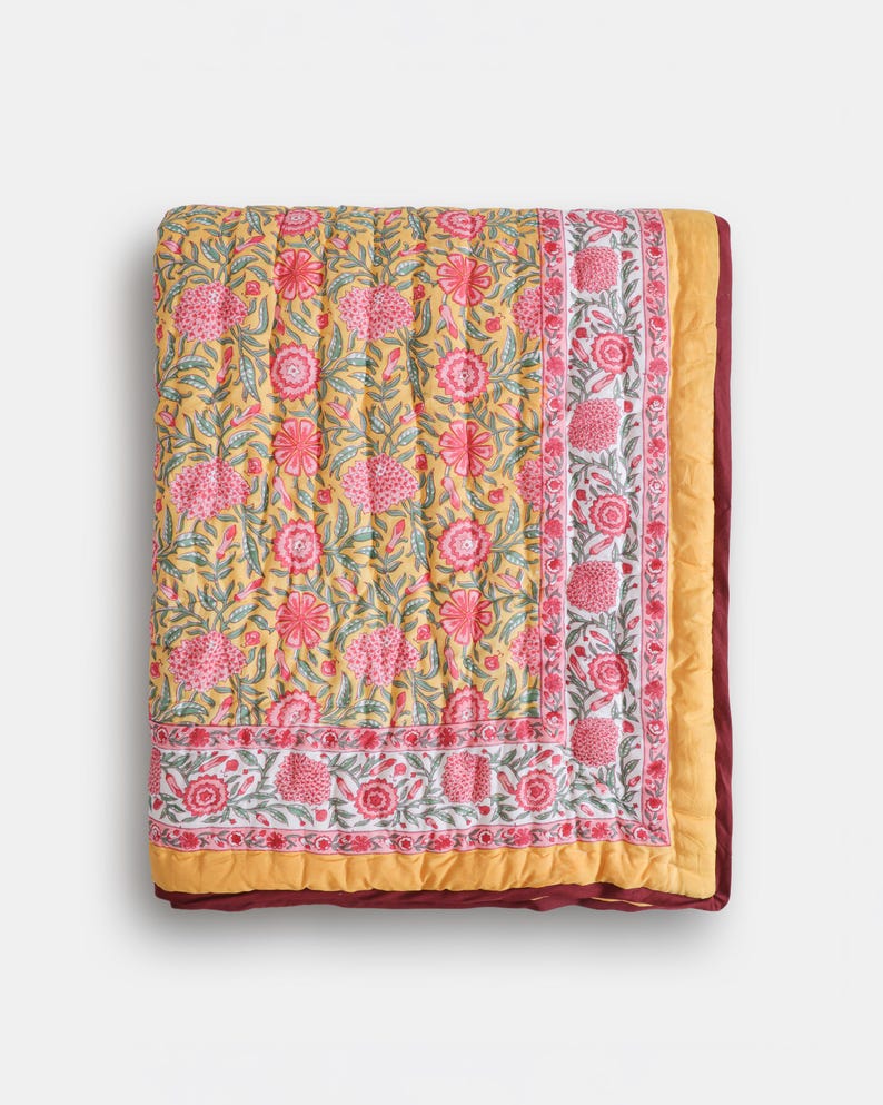 Hand Block Print Cotton Quilt, Mustard Yellow Pink Floral Bedspread, Reversible Indian Kantha Blanket, King Comforter, Soft Cotton Bedding