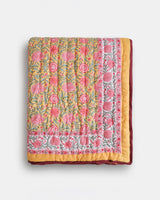Hand Block Print Cotton Quilt, Mustard Yellow Pink Floral Bedspread, Reversible Indian Kantha Blanket, King Comforter, Soft Cotton Bedding